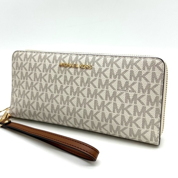 Michael Kors Large Continental Wallet Wristlet Vanilla/Brown - Picture 1 of 10